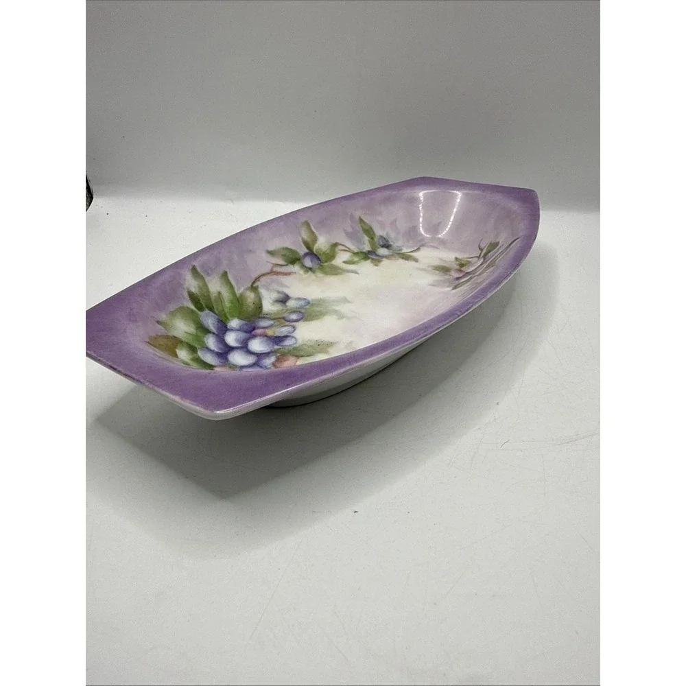Antique Hand Painted Violet Porcelain Trinket Tray Dish Dresser Tray 9